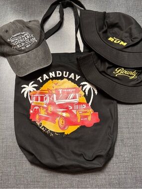 Black Tote Bag, 2 Bucket hats, 1 baseball hat Rum attire